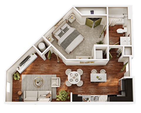 Floor plan for 1 bed, 1 bath, 633 sqft
